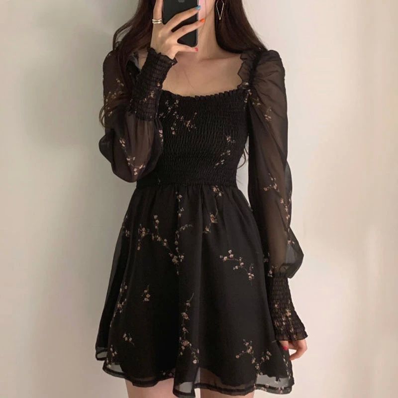 Women Sexy Black Chiffon Dress Spring Vintage Flower Long Pu 女装/女士精品 连衣裙 原图主图