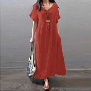 Summer Cotton Linen Solid Short Sleeve Dress Women V-Neck A