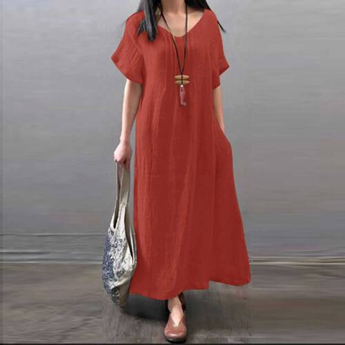 Summer Cotton Linen Solid Short Sleeve Dress Women V-Neck A