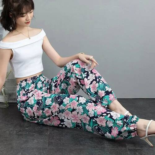 Women Cotton Silk Casual Trousers Summer Loose Pajamas Home