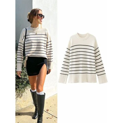 Beige Stripe Baggy Sweater Women Pullover Streetwear Long Sl