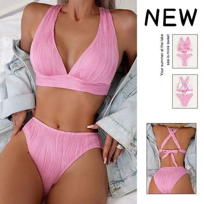 Triangle Bikini Set for Women 2024 V Neck Halter Tie Back Su