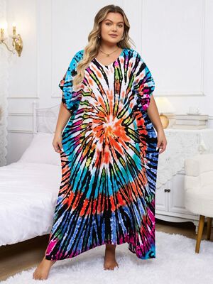 Plus Size 2024 Summer Bohemian Loose V Neck Beach Dress For