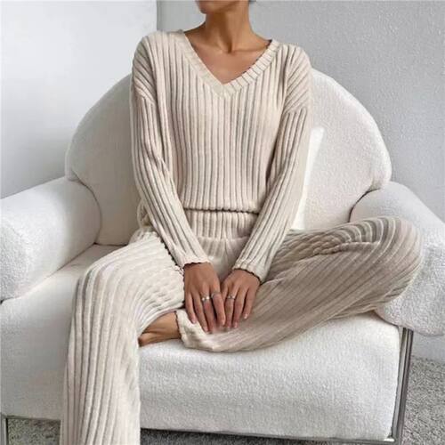 Autumn Winter Women Pajamas V Neck Pullover + Trousers 2 Pie