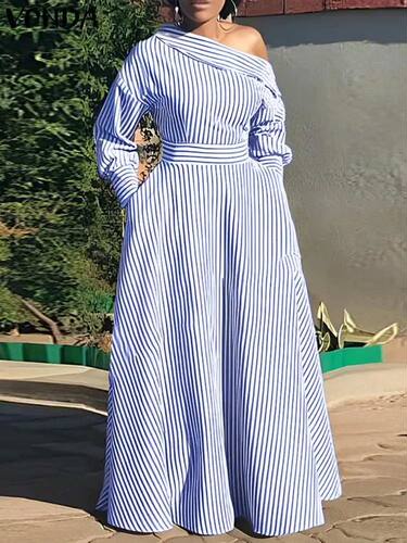 2024 Women Elegant Striped Maxi Dress Bohemian Sundress Casu