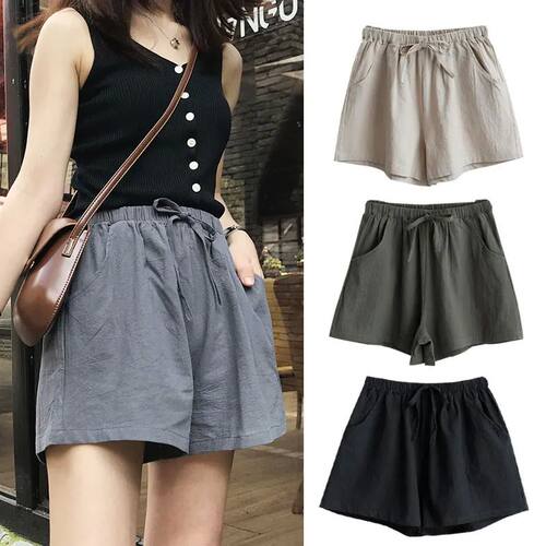 2023 Summer Cotton Linen Shorts Women High Waist Oversize Sh