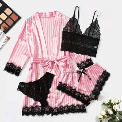 4 Pcs Women Pajama Set Soft Silk Satin Nightwear Bow Decor B