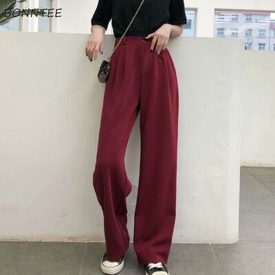 Casual Pants Women Vintage Pure Burgundy Office Lady Long Tr