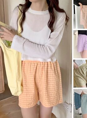 Women Wide Leg Shorts Pants Floral Plaid Elastic Waistband P