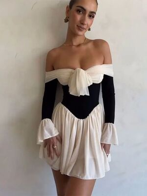 Off Shoulder Ruffles Patchwork Mini Dress Women Sexy Backles