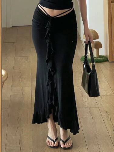 Spring Autumn Long Skirts for Women Sexy Ruched Ruffles Y2k