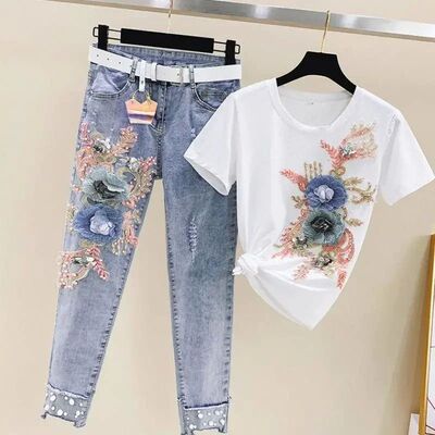 One-Piece/Set 2023 Summer New Women Denim Pants Beaded Embro
