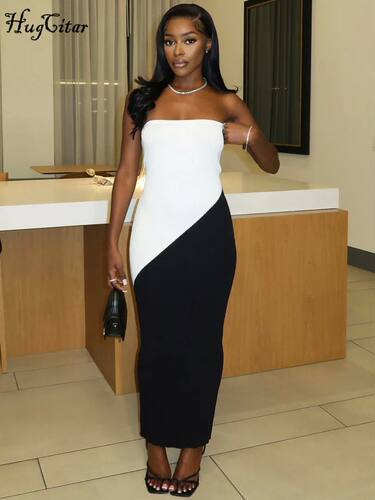 Hugcitar Women Fashion Strapless Matching Color Sexy Bodycon