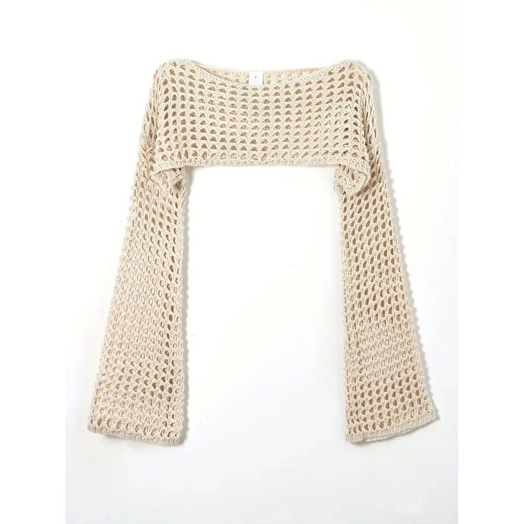 Women Crochet Knit Hollow Out Crop Top Long Sleeve Shrug Swe