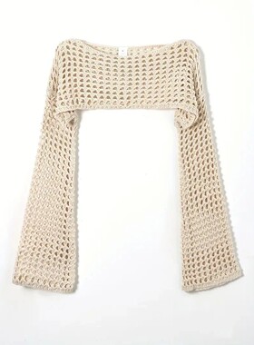Women Crochet Knit Hollow Out Crop Top Long Sleeve Shrug Swe