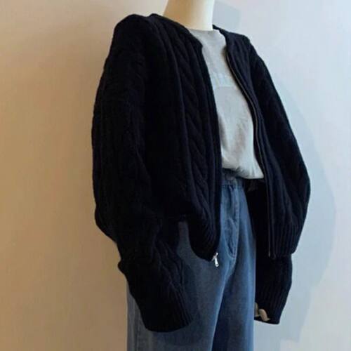 New Style Solid Color Zipper Knitted Cardigan Women Autumn W