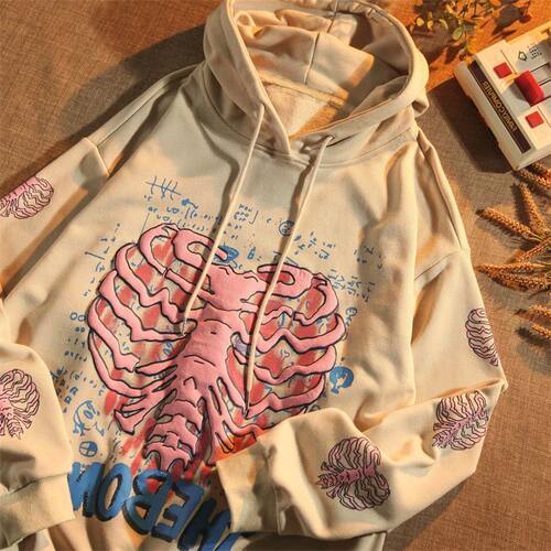 Y2K Pink Skeleton Hoodies Women Autumn Streetwear pullover G