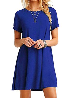 Elegant Short Sleeve Pleated Swing Round Neck Solid Color Lo