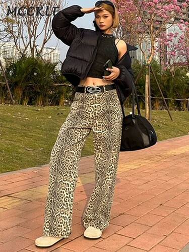 Leopard Print Jeans Trousers Women Loose High Waist Wide Leg