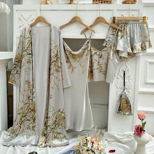 Elegant Print Flower 4PCS Pajamas Set Women Casual Kimono Ba