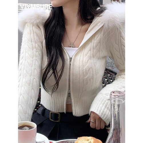 IAMSURE Sweet Furry Trim Hooded Knitted Cropped Cardigans Sl
