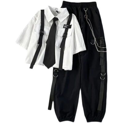 Fashion Cargo Pants Suit Female Harajuku Casual Shirt Short-