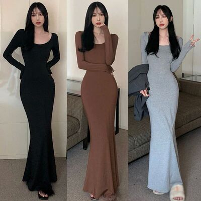 Korean Version Fishtail Dress Solid Color Square Neck Slimmi