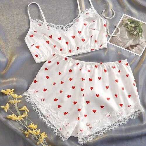 Women Sexy Lace Pajamas Set Silk Satin Sleepwear Summer V-ne