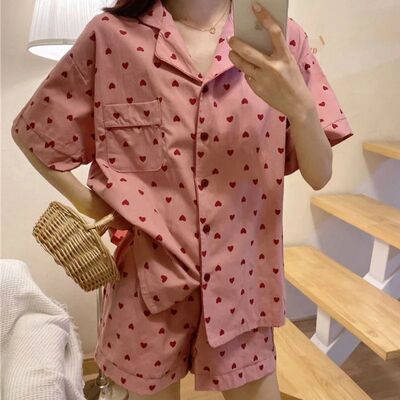 Pink Pajama Sets for Women Sweet Heart Summer Pijamas Lovely