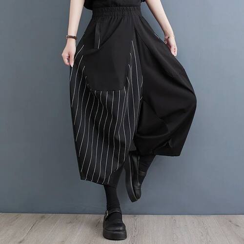 #2902 Spliced Striped Wide Leg Pants Women Elastic Waist Loo