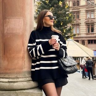 Winter Black And White Stripe Sweater Women Streetwear Loose