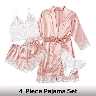 Women's Summer Sexy Pajama Pants Set 4 Pieces Lace Satin Wit