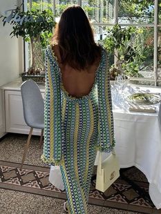 Str Elegant Casual Contrast Backless Women Dress Maxi Neck