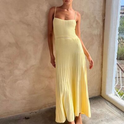 Knitted Pleated Long Dress High Waist Midi Sling Dress Elega