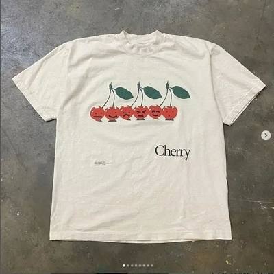 2024 Summer Cherry Pattern Print Washed Round Neck T-shirt G