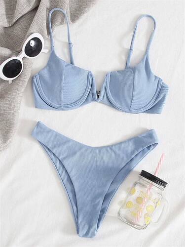 Push Up Bikini Thong Women Swimsuit 2022 New Solid V Neck Ri