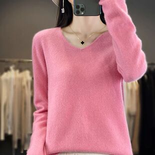 Women 100% Merino Wool Sweater V-Neck Basic Pullover Autumn