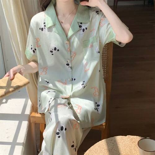 Women Pajamas Set Spring Summer 2 Piece Panda Print Pyjama F