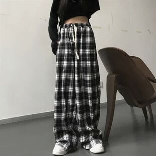 Streetwear Black and White Plaid Pants Loose Unisex  Harajuk