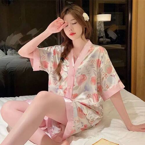 Ice Silk Pajamas Two-piece Set Women Summer Short-sleeved To