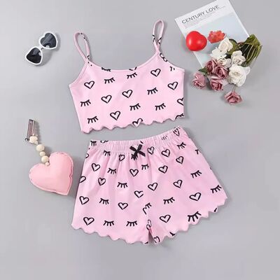 Women's 2pcs Cute Soft Comfy  Set Heart & Eyelash  Print Sex