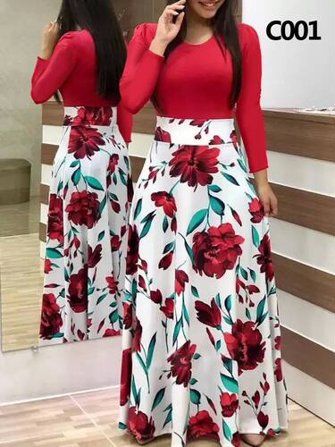 Elegant Women's Long Dress Flower Retro Printed Patchwork Lo