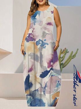 Plus Size Women Bohemian Printed Maxi Dress Elegant Sleevele