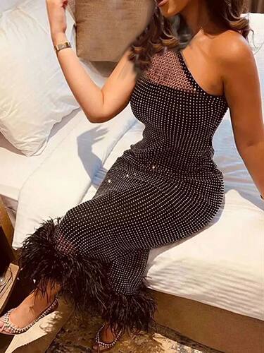 Street Style Sparkling Mesh Off-Shoulder Furry Hem Dress 202