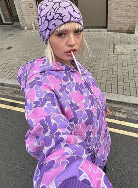 Y2K Harajuku Gothic Grunge Pattern Printed Hip Hop Zip Up Ho