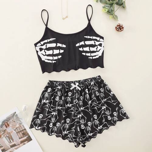Women's Pajama Set Skeleton Print Camisole Shorts Pyjama Fem