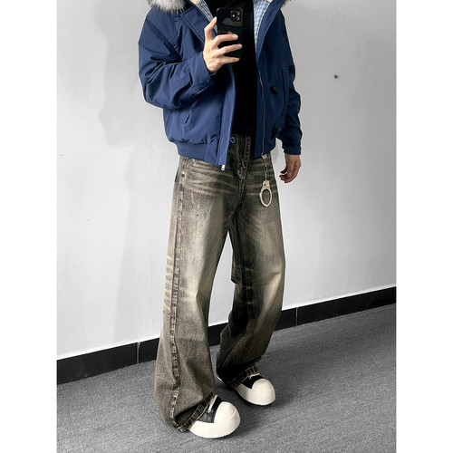 废土风泥染猫须痞帅宽松拖地长裤