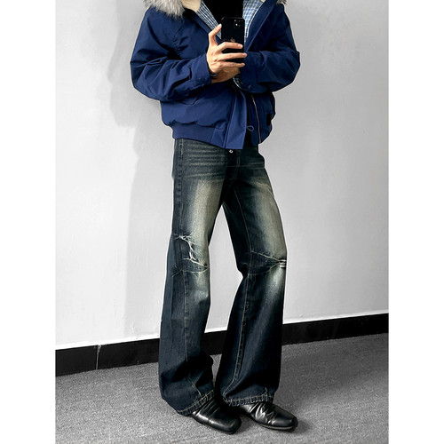 BL美式复古水洗蓝微喇牛仔长裤子