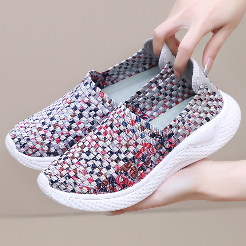 编织鞋女平底夏季新款透气一脚蹬舒适孕妇鞋软底妈妈鞋老北京布鞋