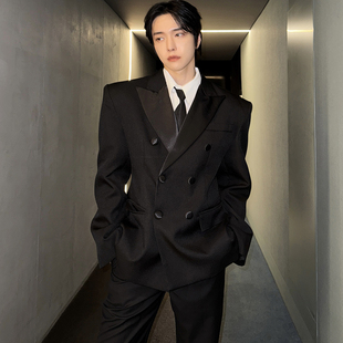 子上男装 外套男戗驳领收腰宽松型垫肩西服秋冬 轻奢风高级感西装